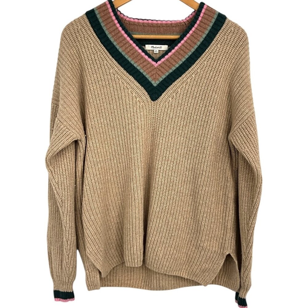 Madewell V-Neck Sweater in Beige with Pink & Green Trim